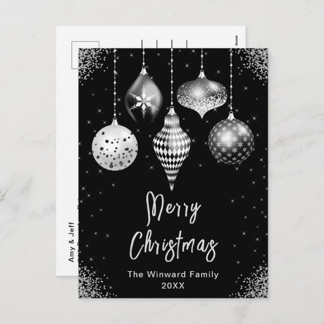 Black and Silver Ornaments Merry Christmas Holiday Postcard (Front/Back)