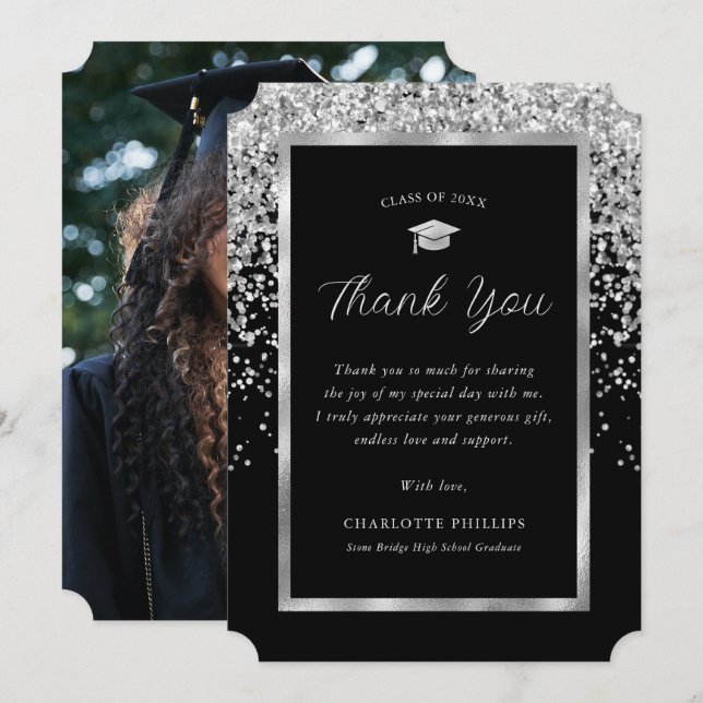 Black and Silver Photo Graduation Thank You Card (Front/Back)