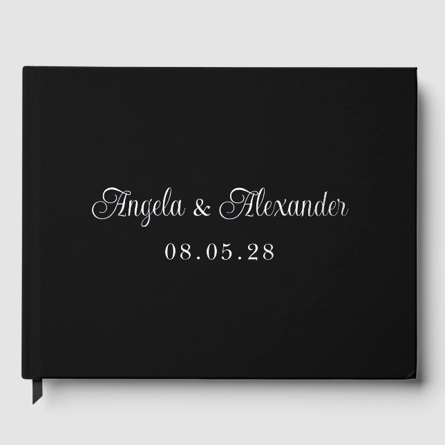 Black and Silver Pretty Curly Script Wedding Guest Book (Front)