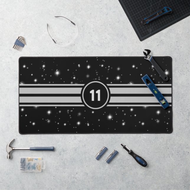 Black and Silver Racing Stripes Starlight Desk Mat (Workstation)