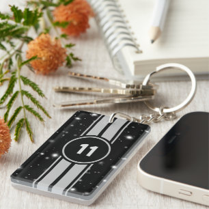 Black and Silver Racing Stripes Starlight Key Ring