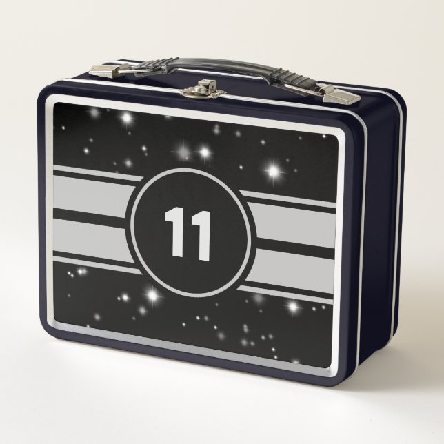 Black and Silver Racing Stripes Starlight Metal Lunch Box (Front)