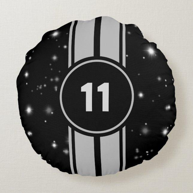 Black and Silver Racing Stripes Starlight Round Cushion (Back)