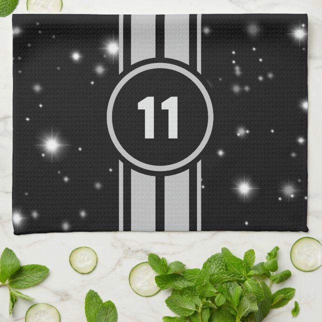 Black and Silver Racing Stripes Starlight Tea Towel (Folded)