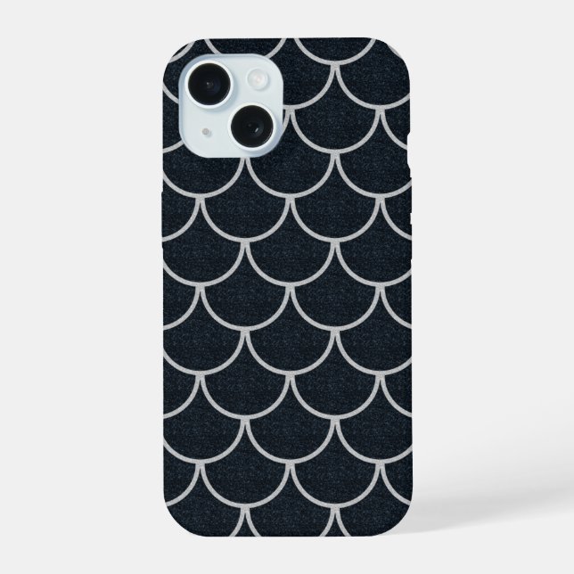 Black and Silver Scalloped Scale Pattern iPhone 15 Case (Back)
