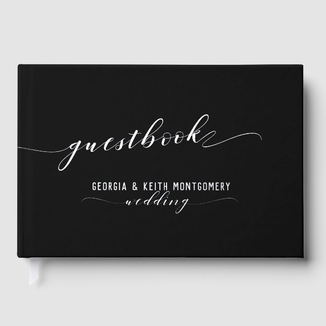 Black And Silver Script Elegant Wedding Guest Book (Front)