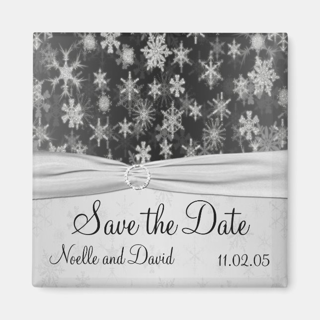 Black and Silver Snowflakes Save the Date Magnet (Front)