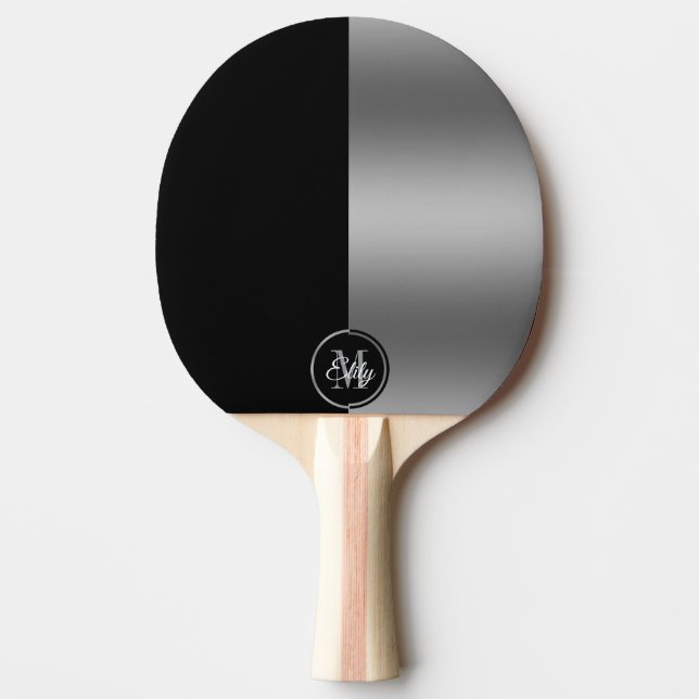 Black and silver split-screen geometric design ping pong paddle (Front)