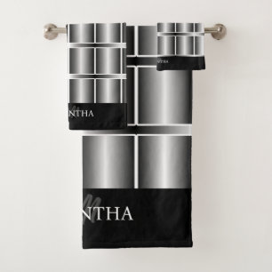 Black And Silver Squares And Stripes Pattern Bath Towel Set