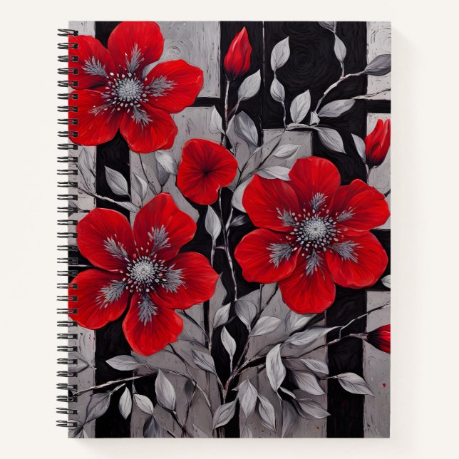 Black and Silver Squares Red Flowers Notebook (Front)