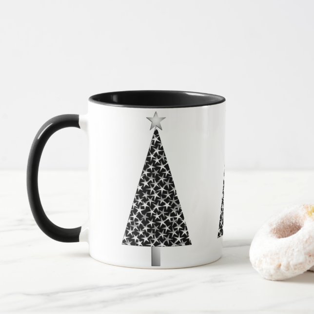 Black and Silver Stars Modern Christmas Tree Mug (With Donut)