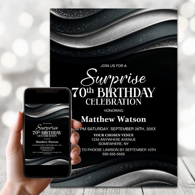 Black and Silver Surprise 70th Birthday Party Invitation (Creator Uploaded)