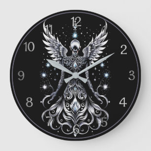 Black And Silver Tattoo Angel Large Clock