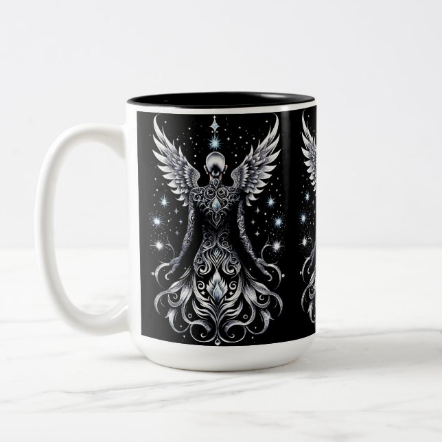 Black And Silver Tattoo Angel Two-Tone Coffee Mug (Left)