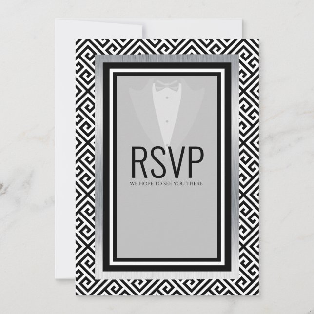 Black and silver tuxedo bachelor party custom announcement (Front)