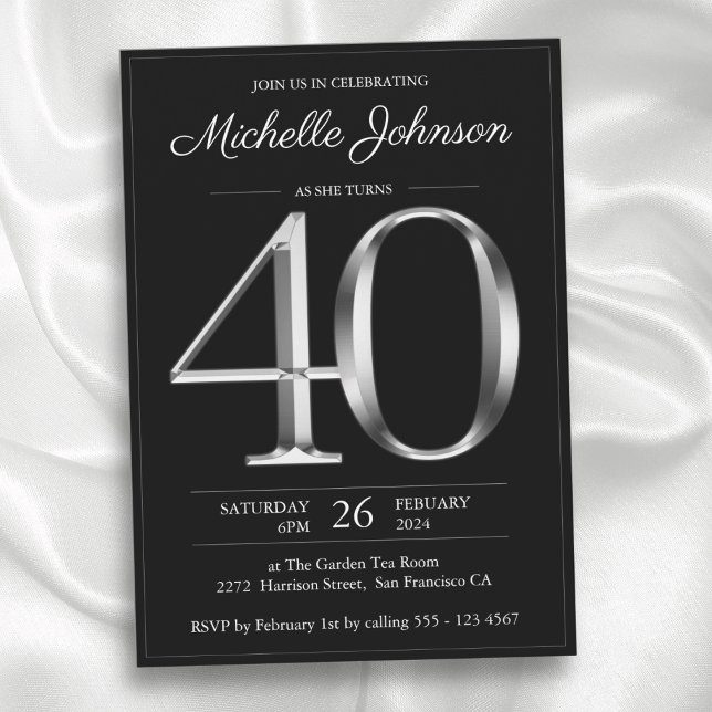 Black and Silver Typography 40th Birthday Invitation (Black and Silver Typography 40th Birthday Invitation)