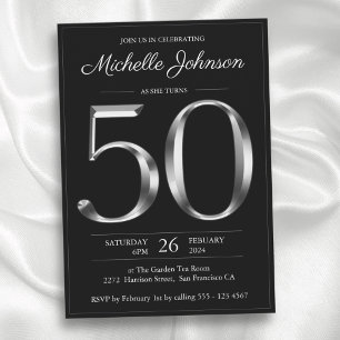 Black and Silver Typography 50th Birthday Invitation