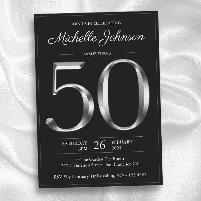 Black and Silver Typography 50th Birthday Invitation (Black and Silver Typography 50th Birthday Invitation)