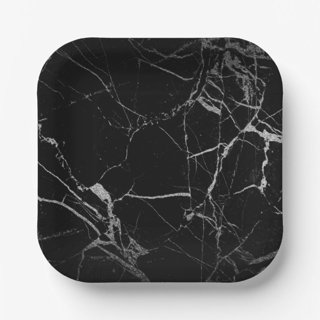 Black and Silver Vein Marble Paper Plate (Front)