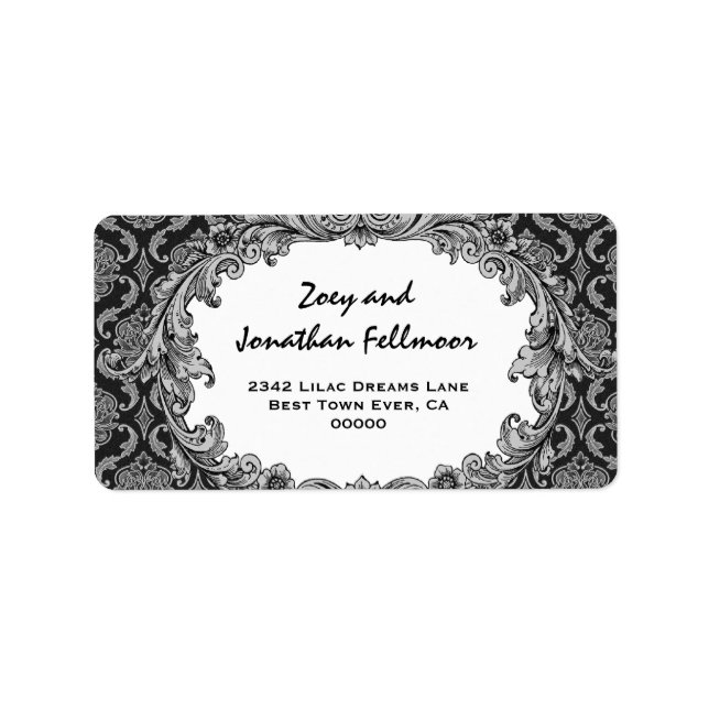 Black and Silver Vintage Curlicue Damask S465 Label (Front)