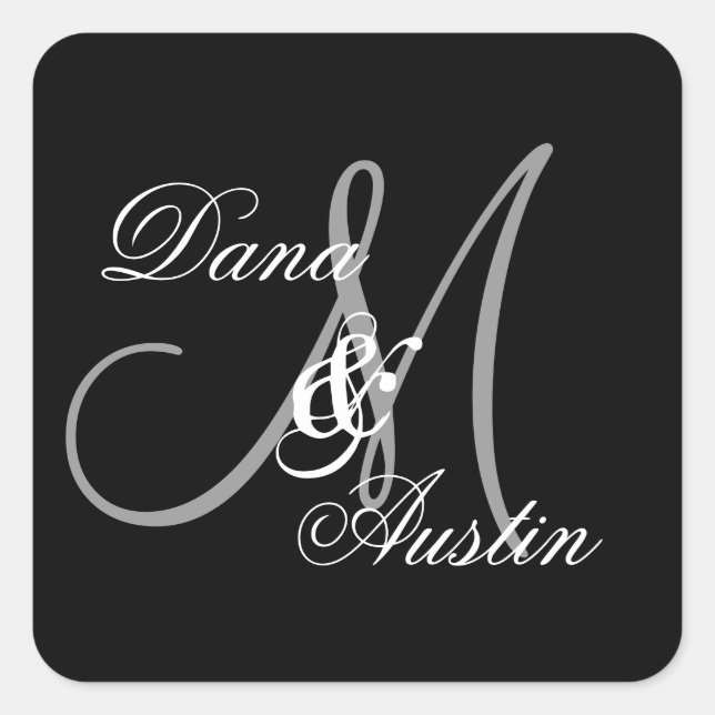 Black and Silver Wedding Custom Monogram A48 Square Sticker (Front)