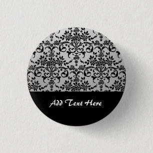 Black and Silvery White Floral Damask Pattern 3 Cm Round Badge