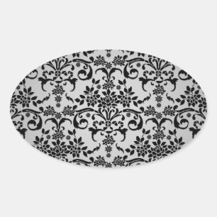 Black and Silvery White Floral Damask Pattern Oval Sticker