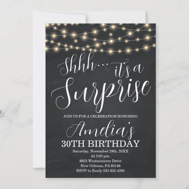 Black and String Light Surprise Birthday Invitation (Front)