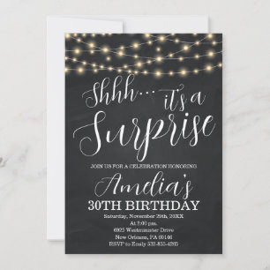 Black and String Light Surprise Birthday Invitation