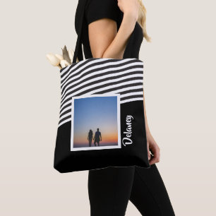 Black and Striped Pattern Personalised Photo Tote Bag