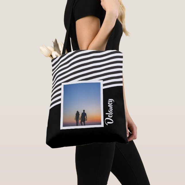 Black and Striped Pattern Personalised Photo Tote Bag (Close Up)