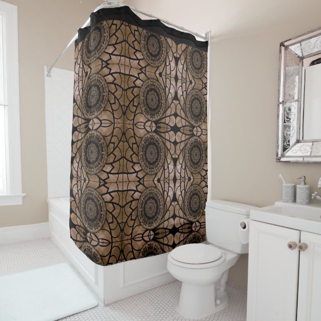 Black and Tan Abstract Floral Shower Curtain (In Situ)