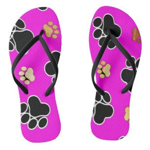 Black and tan canine dog paw print pink thongs