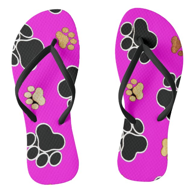 Black and tan canine dog paw print pink thongs (Footbed)