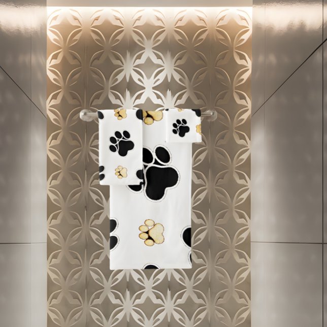 Black and tan canine dog paw print white bath towel set (Creator Uploaded)