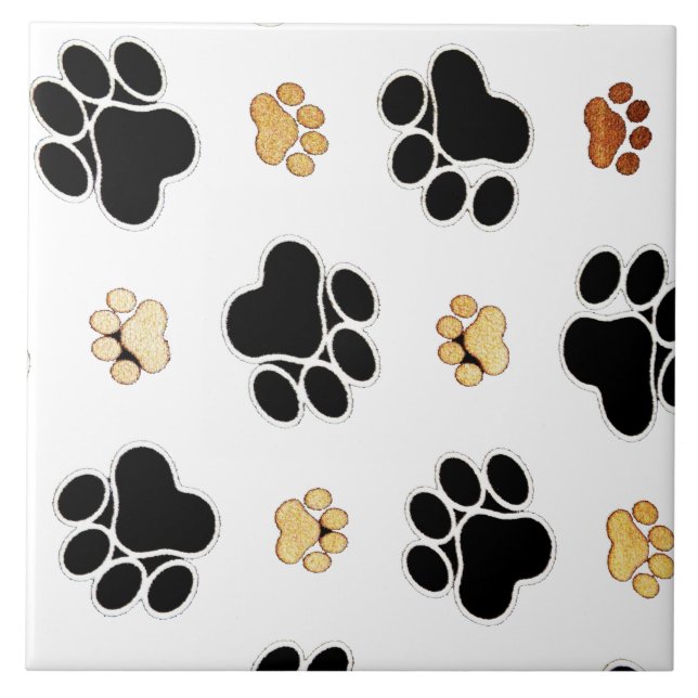 Black and tan canine dog paw print white ceramic tile (Front)