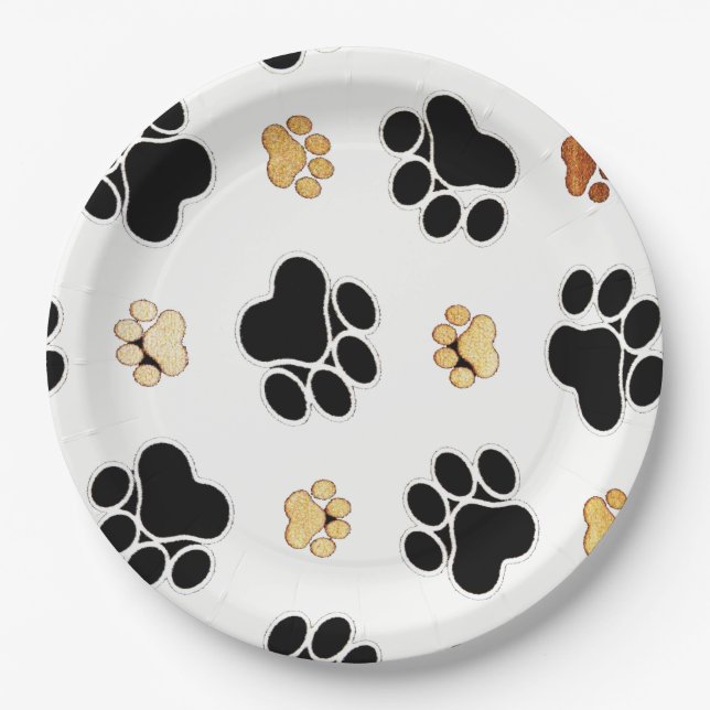 Black and tan canine dog paw print white paper plate (Front)