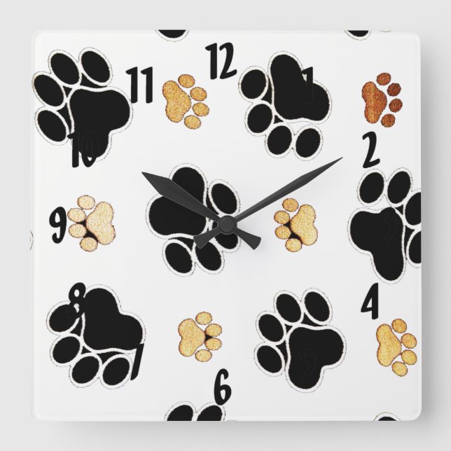 Black and tan canine dog paw print white square wall clock (Front)
