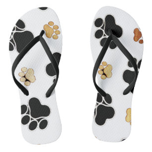 Black and tan canine dog paw print white thongs