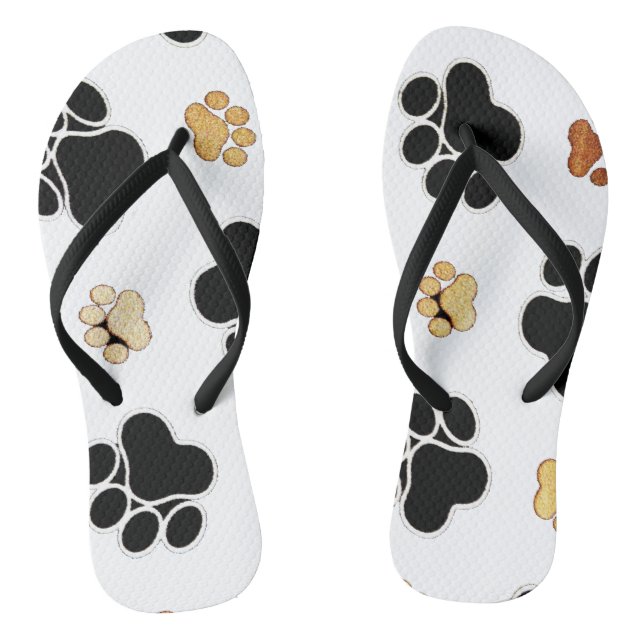 Black and tan canine dog paw print white thongs (Footbed)