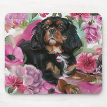 Black and tan Cavalier Floral Dog Art Mouse pad