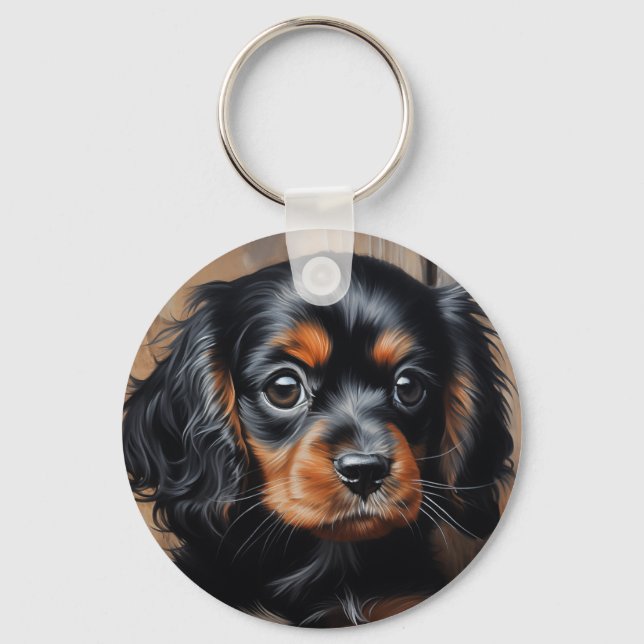 Black and tan Cavalier puppy Key Ring (Front)