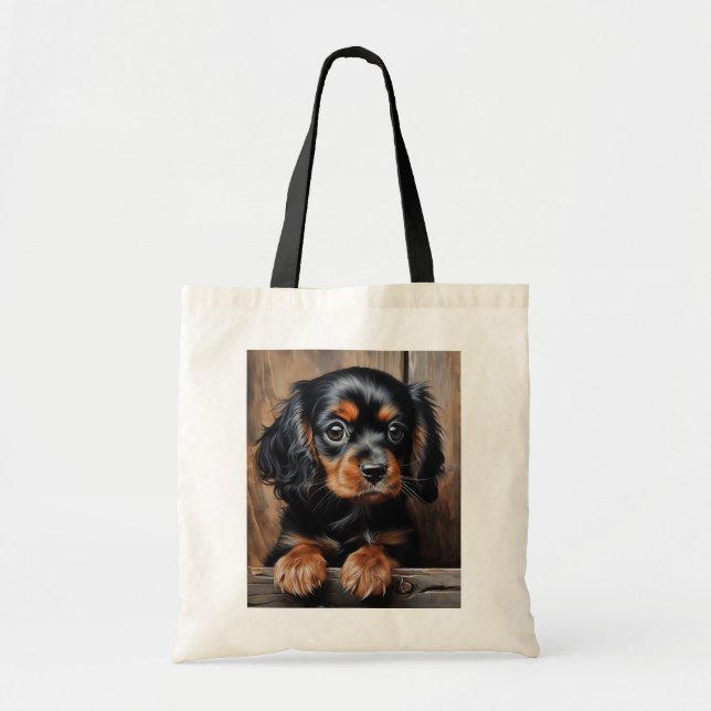 Black and tan Cavalier puppy Tote Bag (Front)