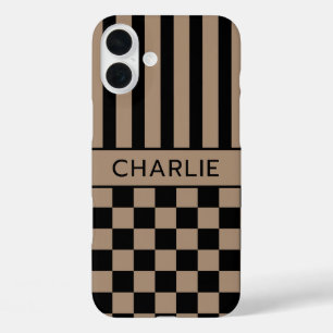 Black and Tan Chequered Striped Personalised iPhone 16 Plus Case