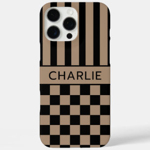 Black and Tan Chequered Striped Personalised iPhone 16 Pro Max Case