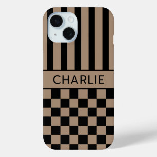 Black and Tan Chequered Striped Personalised iPhone 15 Case