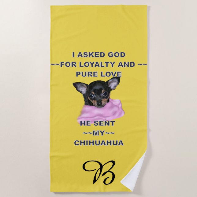 Black and Tan Chihuahua Puppy Monogrammed Beach Towel (Front)
