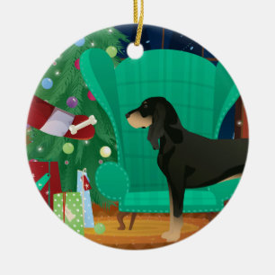 Black and Tan Coonhound Christmas Santa's Gift Ceramic Ornament