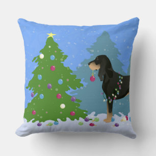 Black and Tan Coonhound Decorating Christmas Tree Cushion