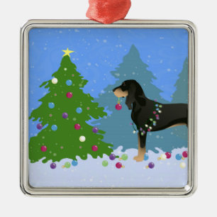 Black and Tan Coonhound Decorating Christmas Tree Metal Tree Decoration